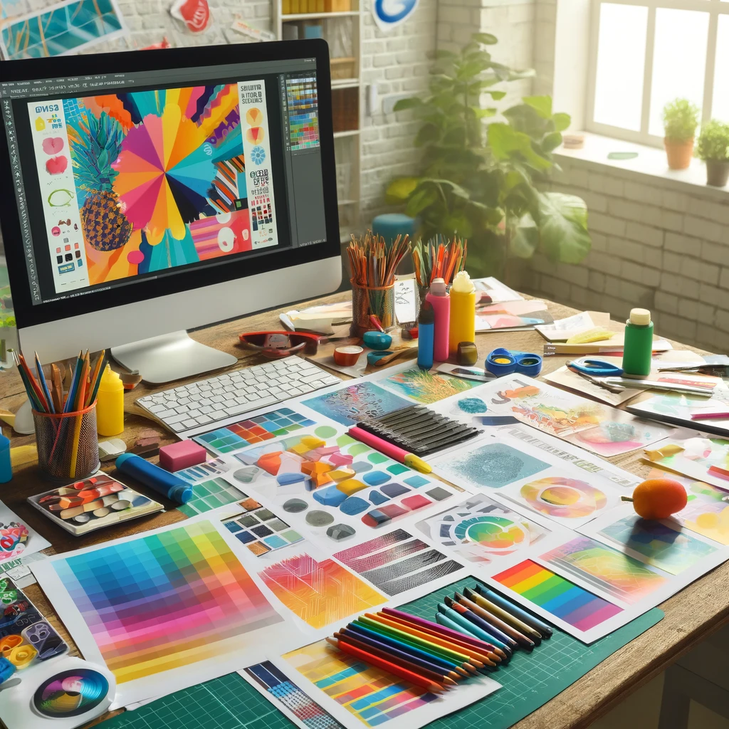 DALL·E 2024-04-08 17.19.06 - Un atelier de design graphique lumineux et coloré, où un designer crée un visuel print. La table de travail est couverte de matériaux divers tels que